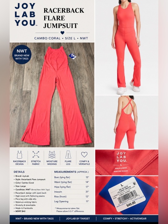 JoyLab Pants - NWT JoyLab Racerback Flare Jumpsuit Cambo Coral Size Large